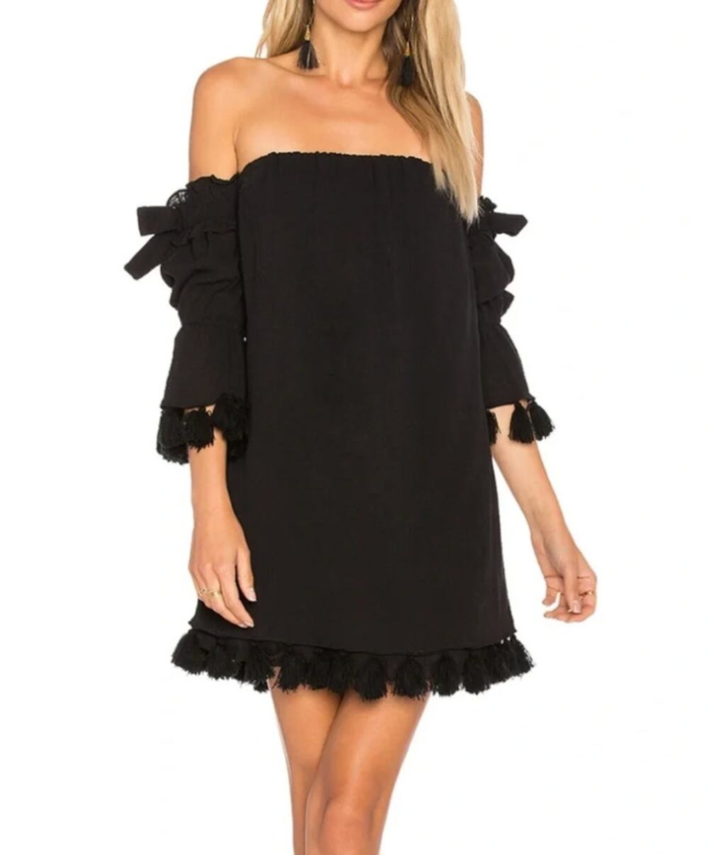 MISA Los Angeles Black Off Shoulder Tassel Mini Dress Boho Festival S